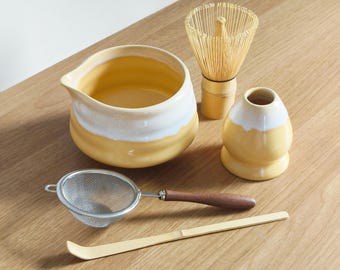 Matcha Full Set, 16.9oz, 500ml, Yellow, Handmade Matcha Bowl and Whisk Holder, 120-Prong Bamboo Whisk, Bamboo Scoop, Stainless Tea Sifter