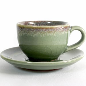 2.7oz, 80ml, Espresso Cup with Saucer, Green Color with Crazing Technique