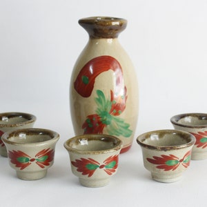 Sake-Set, 6,7 oz, 200 ml, Tokkuri mit 5 Minibechern, Keramik-Sake-Set, japanisches Sake-Set, braun mit Malerei