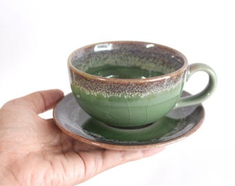 220 ml (7,4 oz), Latte-Tasse, Keramik-Kaffeetasse mit Untertasse, Teetasse mit Untertasse, grüne Farbe, Craquelé-Technik