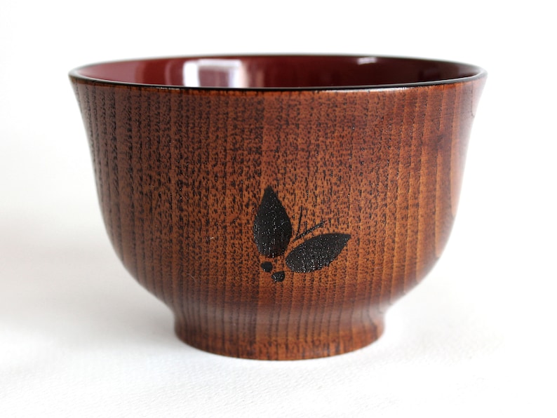 Wooden Bowl, 8.4 oz, 250 ml, Chataku, Wooden Soup Bowl, Wooden Rice Bowl, Soup Bowl, Rice Bowl, Wooden lines with Butterflies image 3