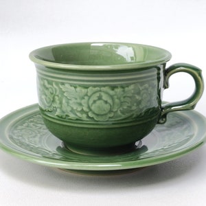 7.1oz, 210ml, Cappuccino Cup, Coffee Cup with Saucer, Tea Cup with Saucer, Coffee Cup, with Saucer, Green with Flowers Engraving