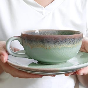10oz, 300ml, Coffee cup, Coffee Cup with Saucer, Tea Cup with Saucer, Jade, Celadon Technique