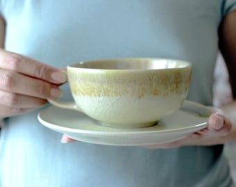 Coffee Cup with Saucer, 10oz, 300ml,  Yellow Gold, Crazing Technique