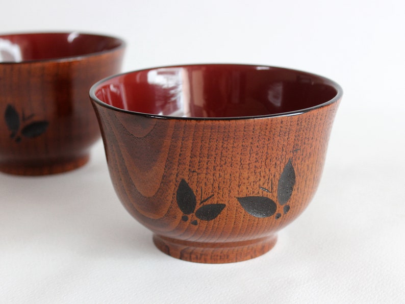 Wooden Bowl, 8.4 oz, 250 ml, Chataku, Wooden Soup Bowl, Wooden Rice Bowl, Soup Bowl, Rice Bowl, Wooden lines with Butterflies image 1