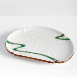 Japanese Plate, 7", Sushi Plate, Cake Dish, Ceramic Plate, Side Dish, White with Green and Gold Lines