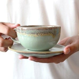 7.4oz, 220ml, Latte Cup, Coffee Cup with Saucer, Tea Cup with Saucer, Coffee Cup, with Saucer, Tea Cup, with Saucer, Jade Color, Crack Tile