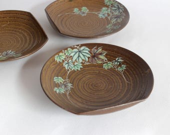 Vintage Japanese Ceramic Plate: 14.5cm,  Brown Leaf Painted, Collectible Side Dish