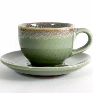 2.7oz, 80ml, Espresso Cup with Saucer, Coffee Cup with Saucer, Espresso Cup, Coffee Cup, Green Color with Crack Tile