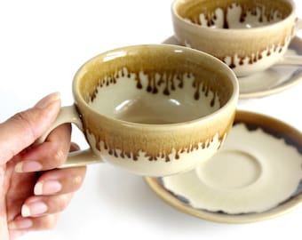 7.4oz, 220ml, Ceramic Latte Cup with Saucer, Crazing Technique, Brown Melted