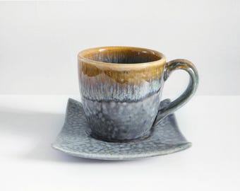 6oz, 180ml, Ceramic Coffee Cup with Saucer, Gloss Gray Melted with Yellow
