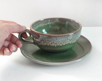 Coffee Cup with Saucer, 10oz, 300ml, Green, Crazing Technique