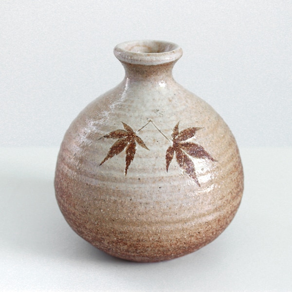 4,5", vaso, vaso in ceramica, vaso giapponese, marrone grezzo con foglia