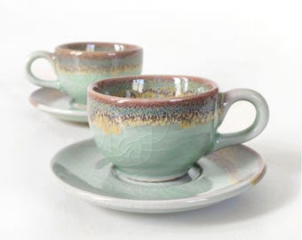 Espresso Cup Set, 2.7oz, 80ml, Handmade Ceramic Coffee Cup with Saucer, Jade Green, Crazing Technique