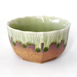 Japanese Ceramic Bowl: 7.1oz, 210ml, Brown with Green Melted Glaze
