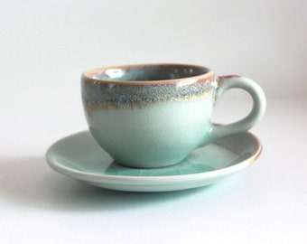 2.7oz, 80ml, Espresso Cup with Saucer, Coffee Cup with Saucer, Espresso Cup, Coffee Cup, Jade Color with Crack Tile