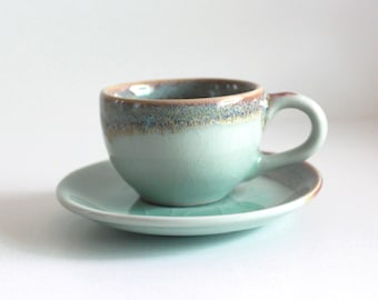 2.7oz, 80ml, Espresso Cup with Saucer, Coffee Cup with Saucer, Espresso Cup, Coffee Cup, Jade Color with Crack Tile