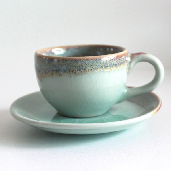 2.7oz, 80ml, Espresso Cup with Saucer, Coffee Cup with Saucer, Espresso Cup, Coffee Cup, Jade Color with Crack Tile