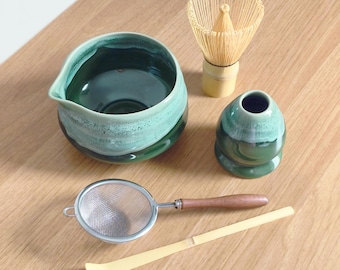 Matcha Full Set, 16.9oz, 500ml, Green, Handmade Matcha Bowl and Whisk Holder, 120-Prong Bamboo Whisk, Bamboo Scoop, Stainless Tea Sifter