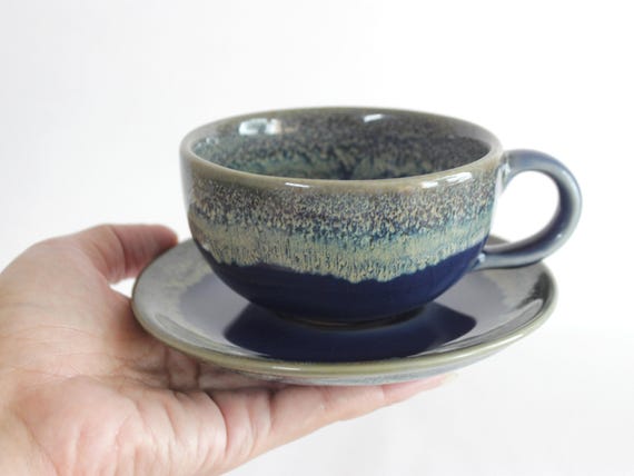 7.4oz, 220ml, Latte Cup with Saucer, Navy, Crazing Technique, Handmade Ceramic Coffee cup, Tea Cup with Saucer