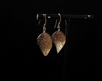 gold vermeil earring | handmade silver dangle | filigree hoop earrings | vermeils in gold | goldplated leaf