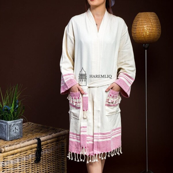 Premium Cotton Pink Robe, Exotic Turkish Style Bathrobe, Beautiful Peshtemal Robe, Gift For Her, Hammam Shower Bath Gown