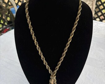 Vintage Gold Tone Rope Chain Tassel Necklace | Mid Century Statement Lariat Necklace | Chunky Retro Dangle Ball Charm Necklace