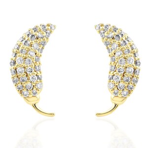 May include: A pair of gold-colored earrings with a curved design. Each earring is encrusted with numerous small, clear gemstones, creating a sparkling effect. The earrings have a post and hook closure.