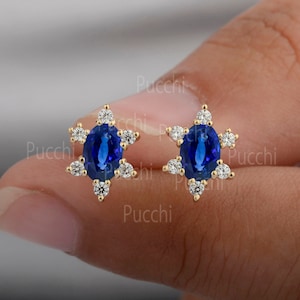 Natural Blue Sapphire Diamond Earrings, 14K Solid Gold Birthstone of September Minimalist Jewelry Valentine&#39;s Day Jewelry Gift Ideas for her