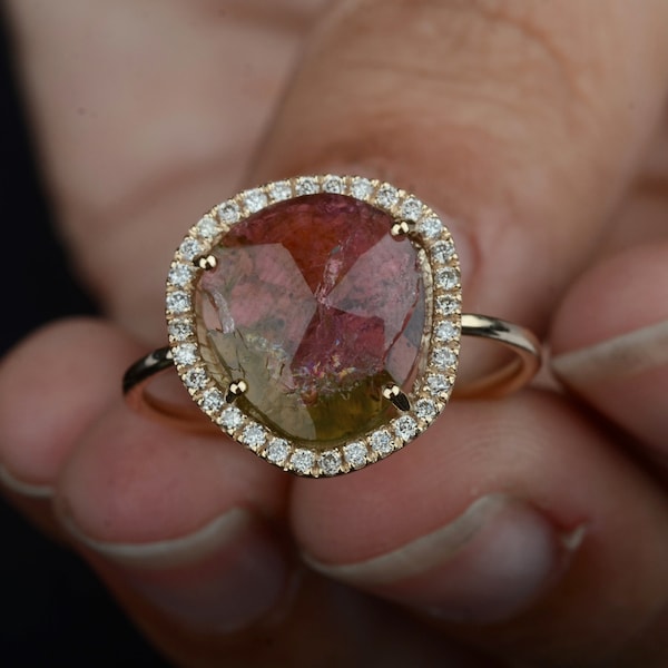 Watermelon Tourmaline Diamond Ring: 14K Yellow Gold Handmade Jewelry
