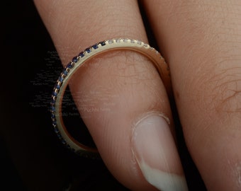 Genuine Blue Sapphire Diamond Wedding Engagement Full Eternity Band Ring In Solid 14K Yellow Gold Handmade Dainty Anniversary Gift For Her