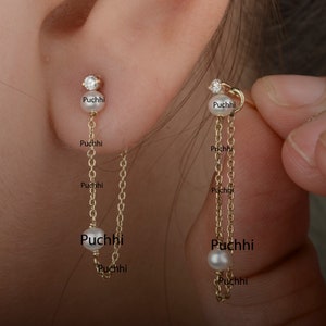 Genuine Fresh Water Pearl Threader Chain Gold Earrings, Solid 14K Yellow Gold Earrings, Pearl Chain Loop Earrings, Chain Dangle Hoop Earring