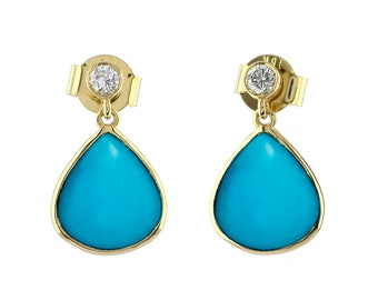 Natural Turquoise Diamond Teardrop Dangle Earrings, Solid 18K Gold, Push Back, December Birthstone