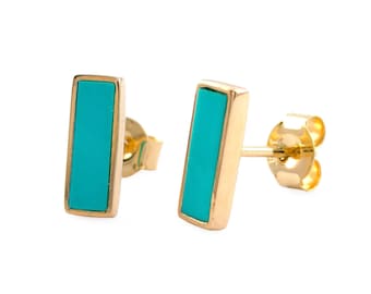 Genuine Baguette Turquoise Stud Earrings, 18K Solid Gold, December Birthstone Jewelry Gift