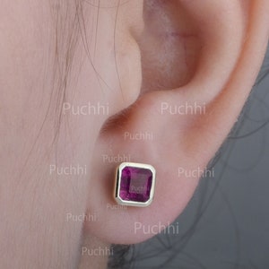 Princess Cut Genuine Ruby Gold Earrings, Solid 14K Yellow Gold Stud Earrings, Handmade Minimalist Birthstone Gold Jewelry, Valentine&#39;s Gifts