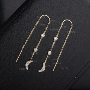 Natural SI Clarity G-H Color Diamond Moon & Sun Drop Long Chain Earrings Solid 14K Solid Gold Handmade Threader Earrings Valentine&#39;s Special