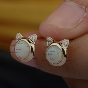 Cat Animal Stud Earrings 14K Solid Yellow Gold Real Ethiopian Opal Gemstone Diamond Minimalist Fine Jewelry Valentine special Gift for her