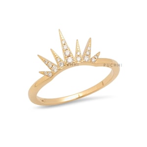 Natural Diamond Half Sun Ring, Solid 14K Yellow Gold Handmade Ring, Stacking Sunburst Ring Gold, Gold Diamond Sun Ring, Valentine&#39;s Gifts.