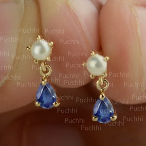 Natural Blue Sapphire Freshwater Pearl Tiny Stud Earrings 14K Sold Yellow, Gold Minimalist Jewelry, Valentine&#39;s Gifts, Handmade Gold Jewelry