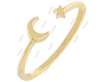 Moon & Star Ring, Solid 14K Gold, Celestial Statement Ring, Adjustable Boho Jewelry
