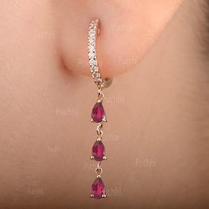 Natural Pear Ruby Drop Earrings, Solid 14K Solid Gold Diamond Gold Hoop Earrings, Dangle Earrings, Handmade Gold Jewelry, Valentine's Gifts