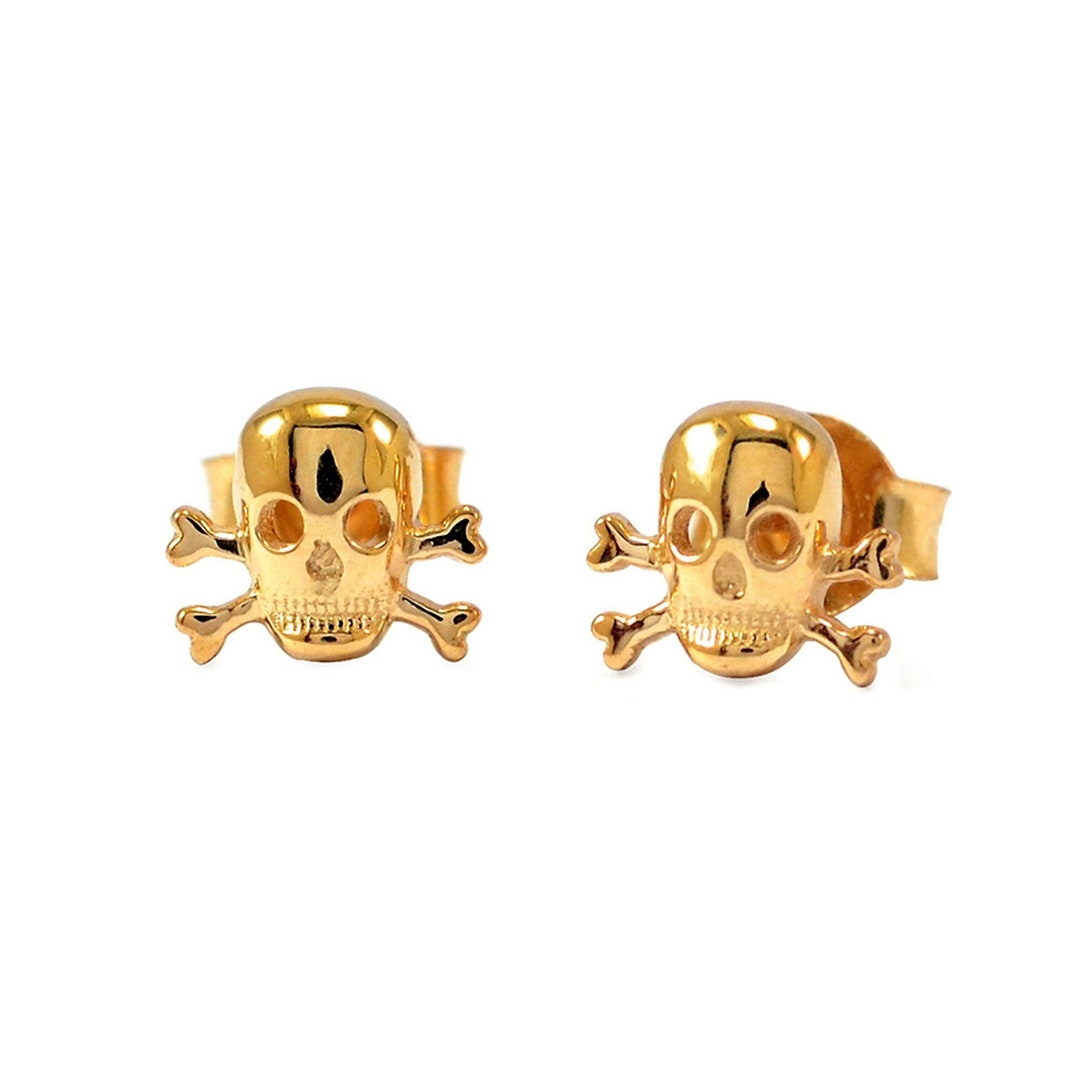 14K Yellow Gold Skull and Crossbones Post Earrings main image 0