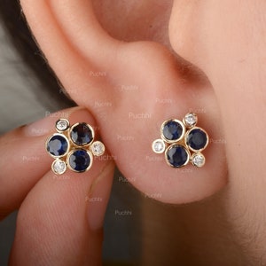 Genuine Blue Sapphire Gemstone Earrings, Diamond Gold Earrings, Solid 14K Yellow Gold Handmade Minimalist Fine Studs Earrings , Easter Gifts