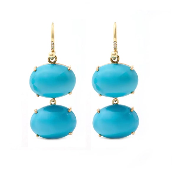 Véritables boucles d'oreilles ovales turquoise 12,00 Ct, boucles d'oreilles turquoise clair lune en or jaune 18 carats, bijoux minimalistes, cadeau spécial pour elle