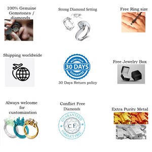 May include: A close-up of a silver ring with a large diamond set in a prong setting. The ring is surrounded by smaller diamonds. The image also shows a variety of benefits for purchasing the ring, including free shipping, a free jewelry box, and a 30-day return policy.