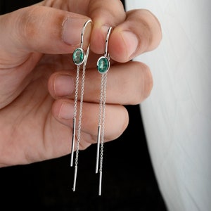 Natural Emerald Earring 14K Sold Yellow/Rose/White Gold Earring Threader Earrings Handmade Fine Modern Chain Earrings Gift for Her