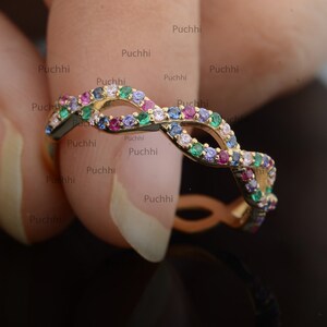 Rainbow Sapphire Eternity Band Ring: 14K Yellow Gold Twist Ring