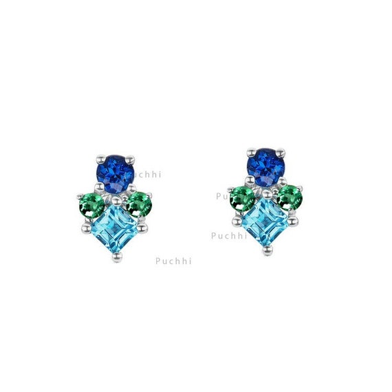 Multi Gemstone Cluster Stud Earrings, Blue Topaz Emerald Sapphire, Solid 14K White Gold, Fine Jewelry Gift