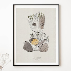 May include: A black and white line drawing of Groot, a fictional tree-like character from the Marvel Cinematic Universe, holding a small, yellow object. The background is a light beige with a subtle texture. The text "I AM GROOT." and "- GROOT" is printed below the image.
