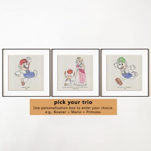 Mushroom Kingdom Trio Minimalist Print | Gaming Art Print | Video Game Decor | Fantasy Artwork | Gift for Gamers | Geeky Home Decor